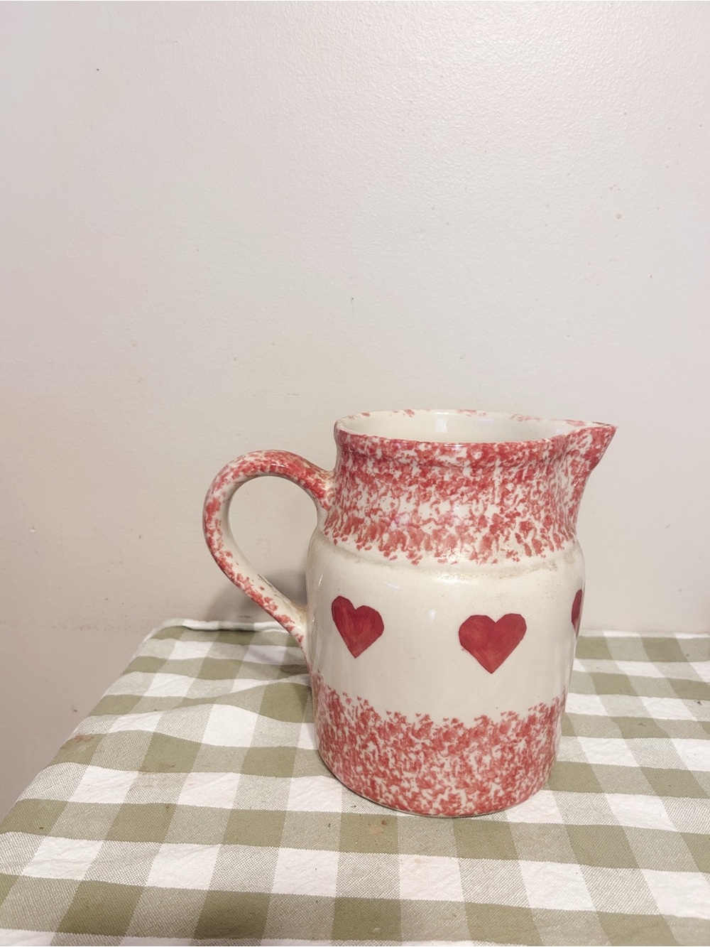 Vintage Hand-Painted Red Heart Ceramic Pitcher